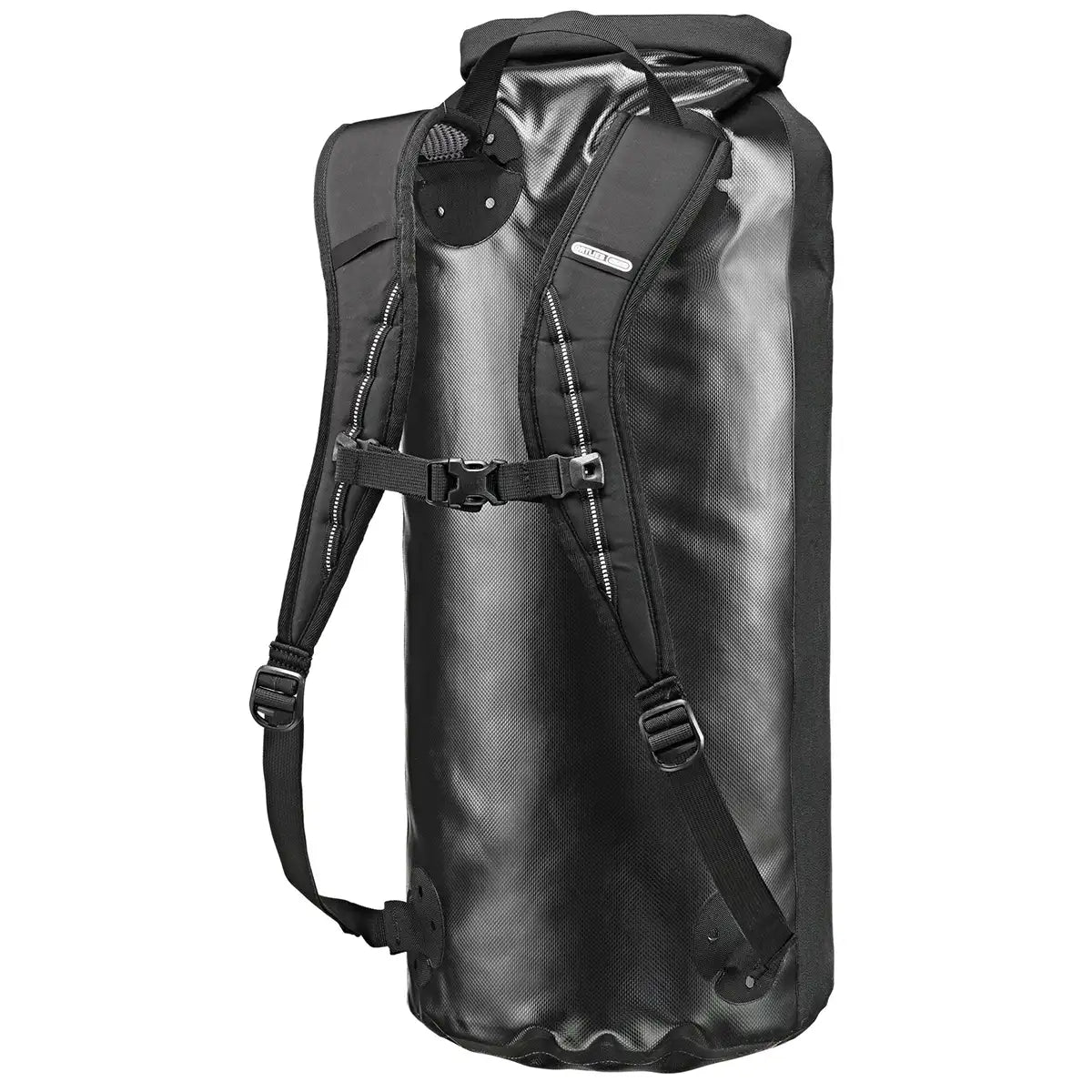 Rear view of Ortlieb X-Tremer 35L Carry Bag Black showing padded shoulder straps and chest buckle for secure, ergonomic carrying during hikes.