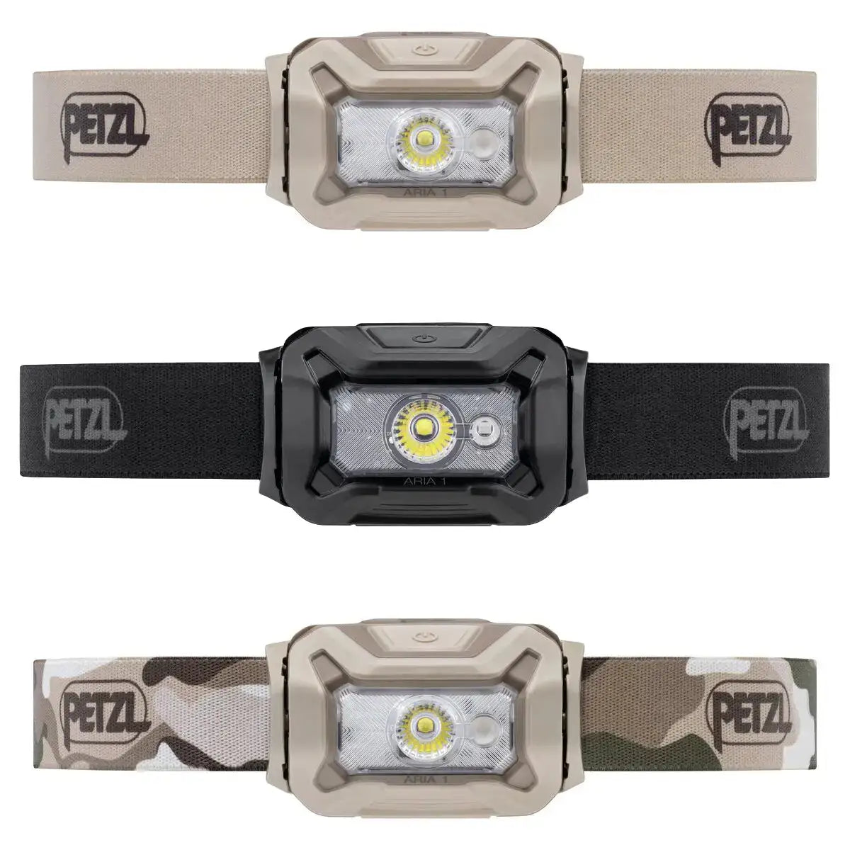 Multiple color options of Petzl Aria 1 RGB waterproof headtorch with LED light, adjustable straps, ideal for outdoor use - SKU: JB1272-CAM