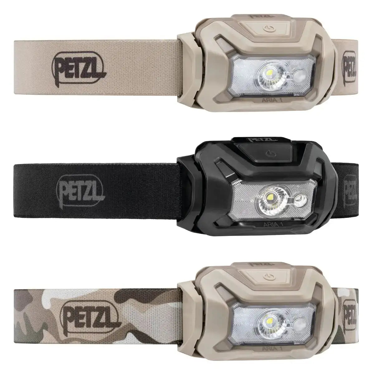 Beige Petzl Aria 1 RGB waterproof headtorch with adjustable strap and LED light, ideal for outdoor activities, SKU: JB1272-CAM