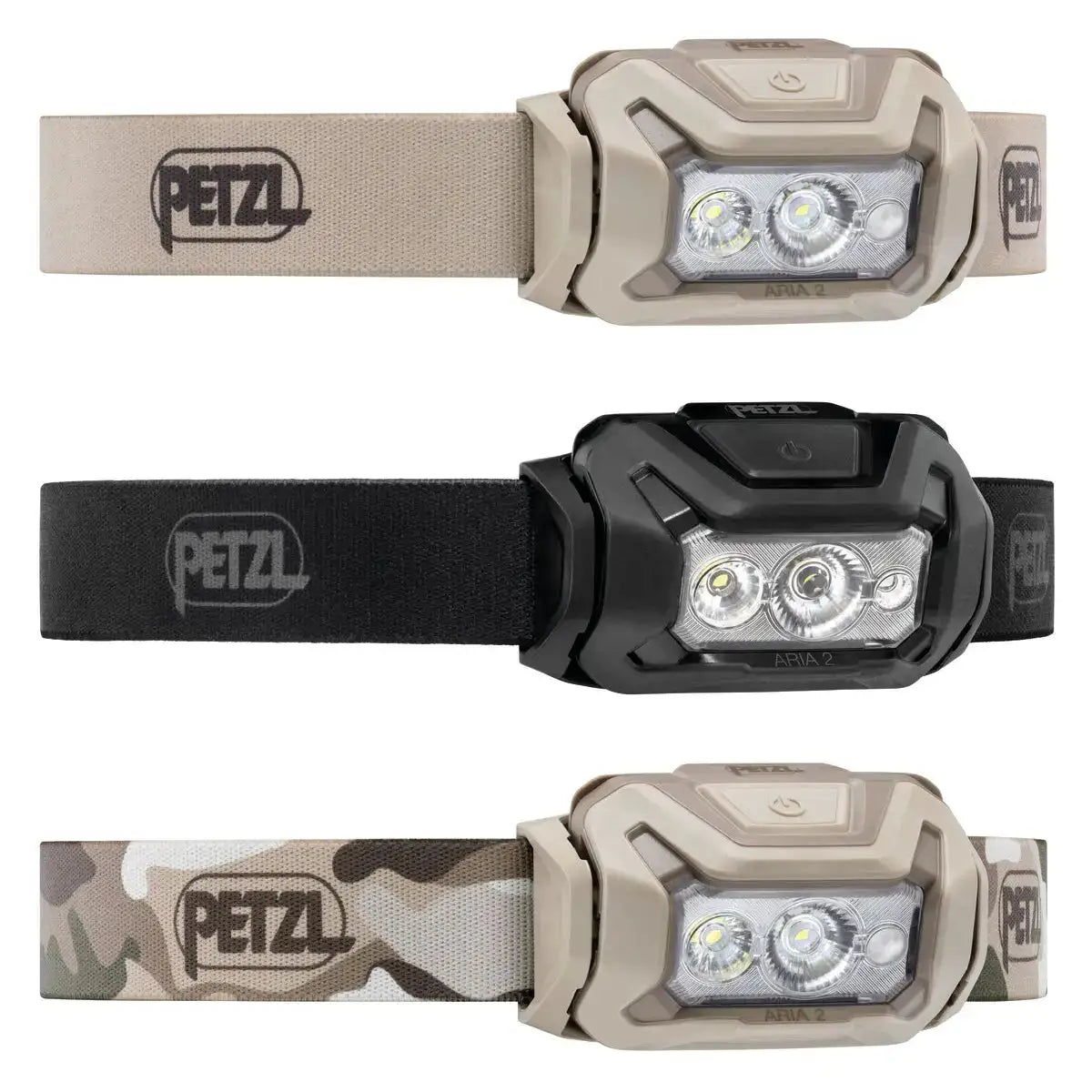 Beige Petzl Aria 2 RGB waterproof headtorch with dual LED lights, adjustable strap with Petzl logo, compact outdoor lighting tool