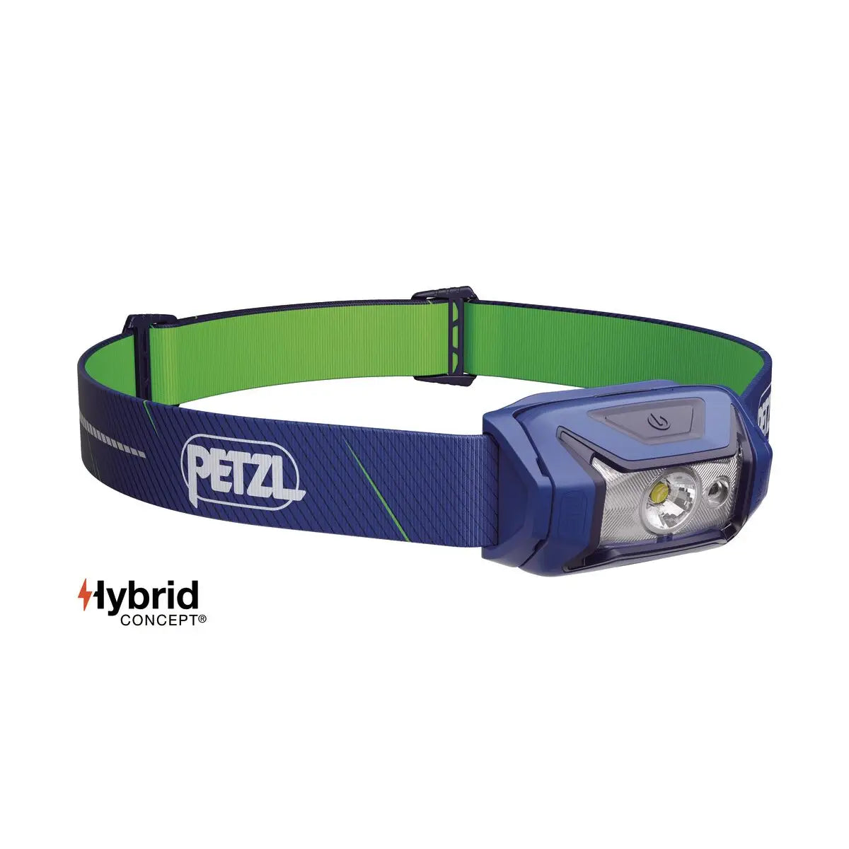 Blue and green Petzl Tikka Core Headtorch with Red Light 450 Lumens, featuring a Hybrid Concept design for versatile power options.