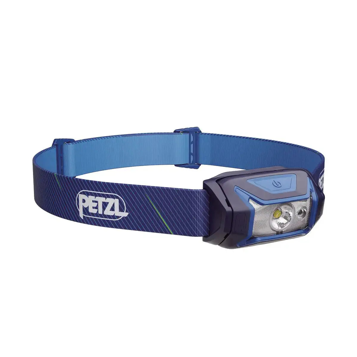 Blue Petzl head torch with adjustable strap, LED light, power button on top, and multiple lighting modes for outdoor activities - SKU: JB1275-BL