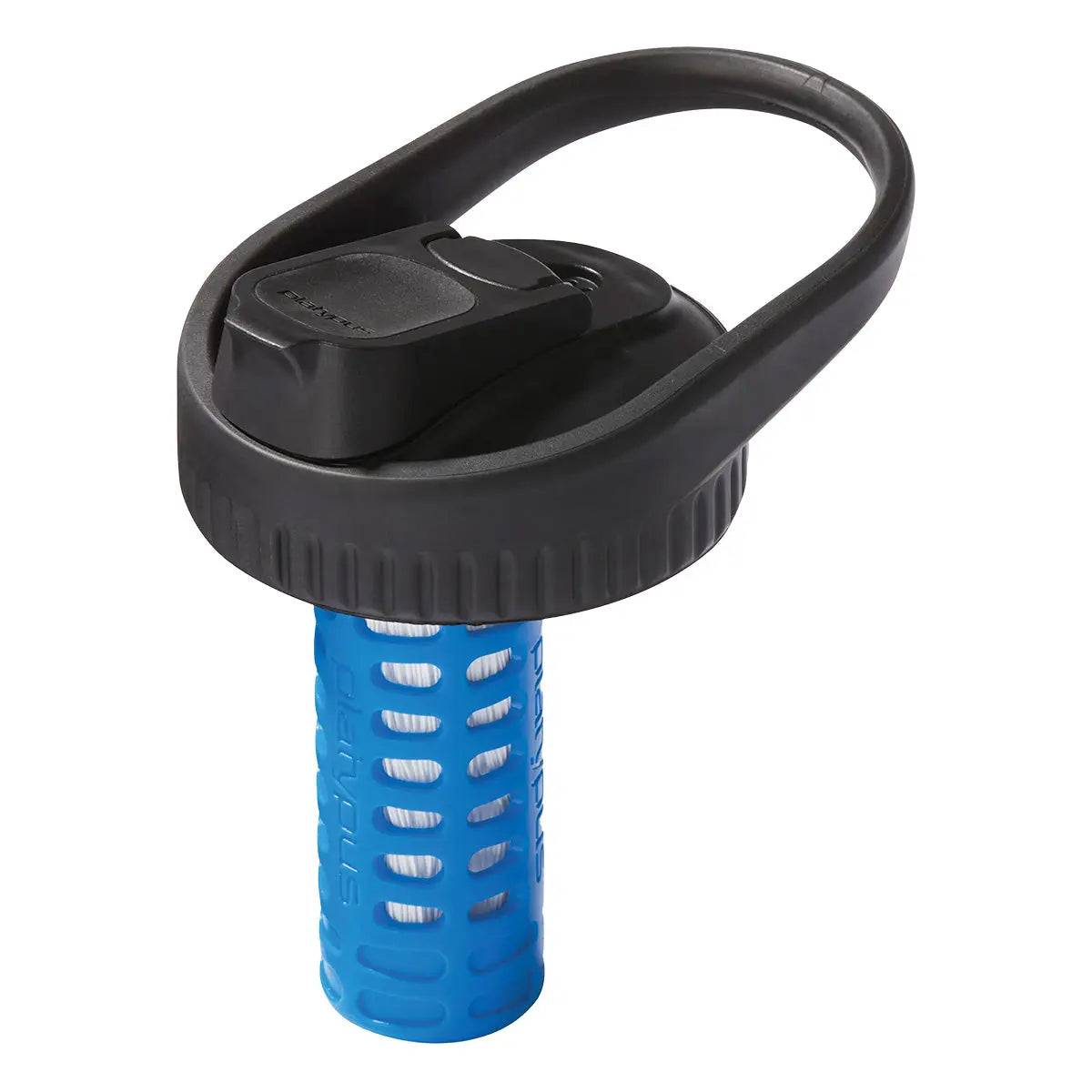 Platypus DayCap In Water Bottle Filter with black lid and blue filtration system for wide-mouth bottles, ideal for outdoor hydration.