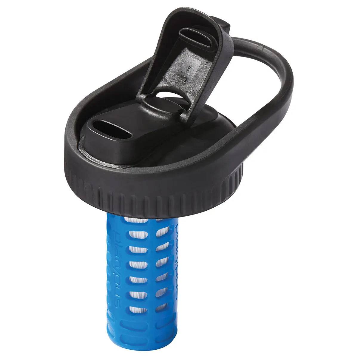 Close-up of Platypus DayCap In Water Bottle Filter with flip-top lid and integrated filtration system for wide-mouth bottles.