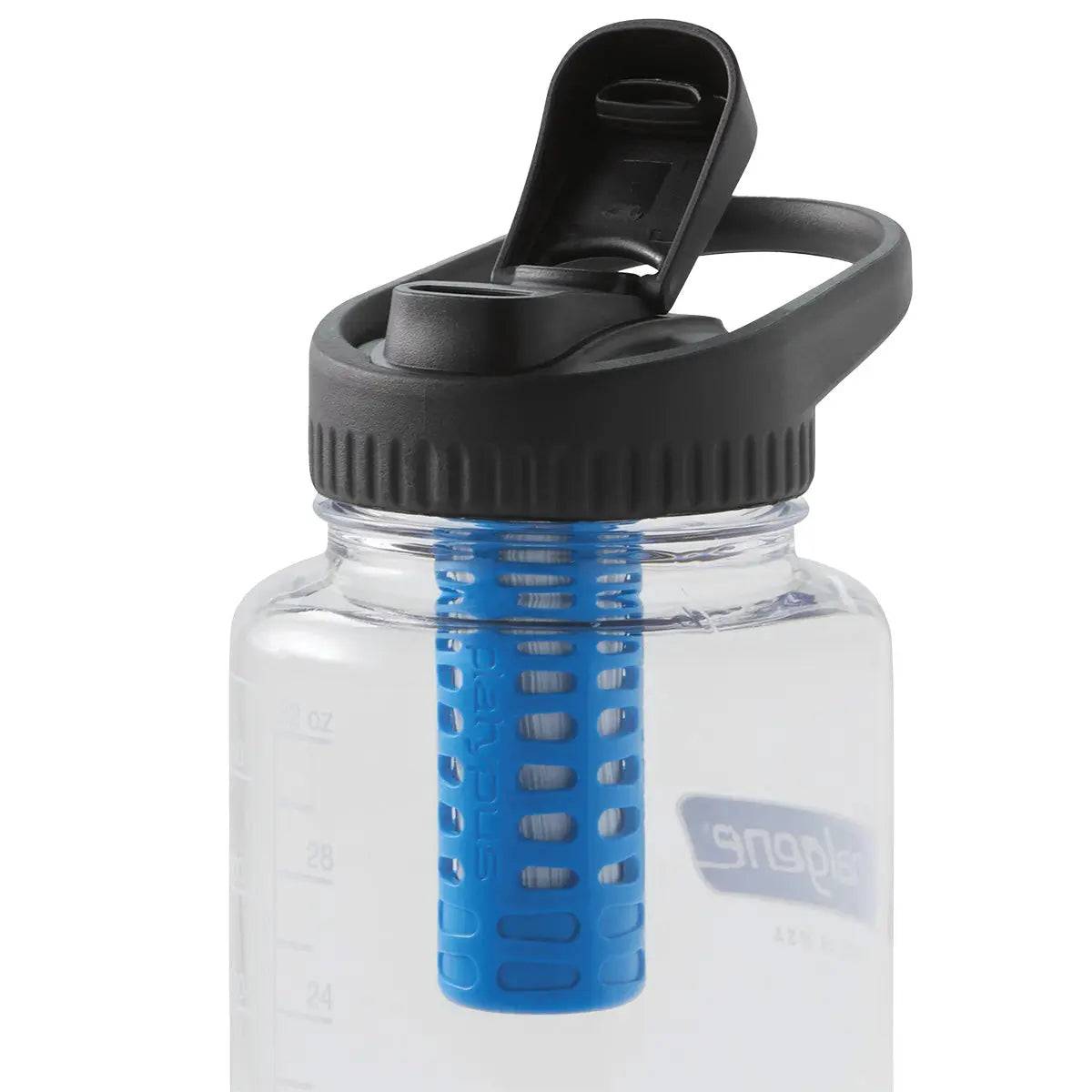 Platypus DayCap In Water Bottle Filter attached to a clear wide-mouth bottle, providing clean drinking water for outdoor activities.