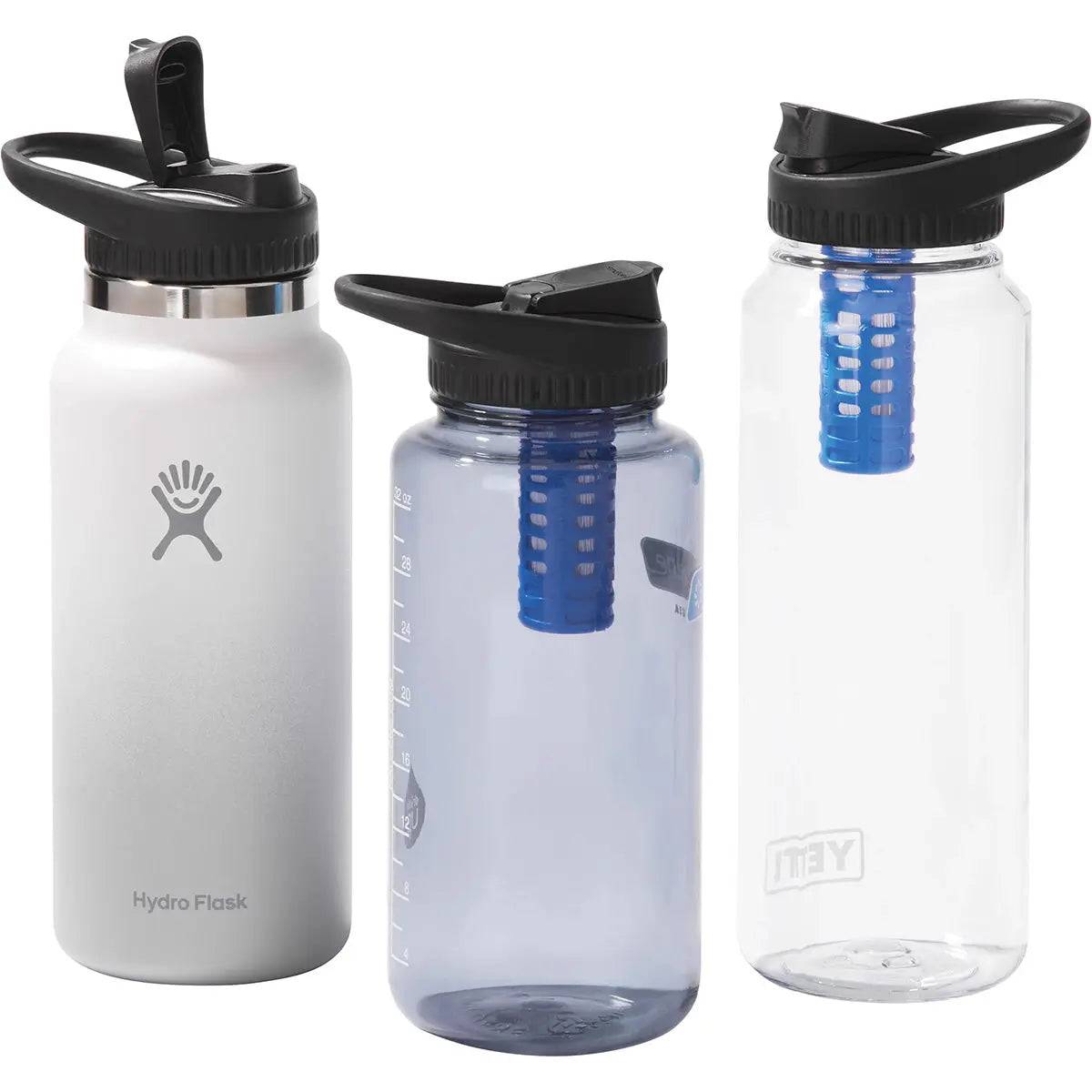 Platypus DayCap In Water Bottle Filter shown compatible with various wide-mouth bottles, including Hydro Flask and Nalgene.