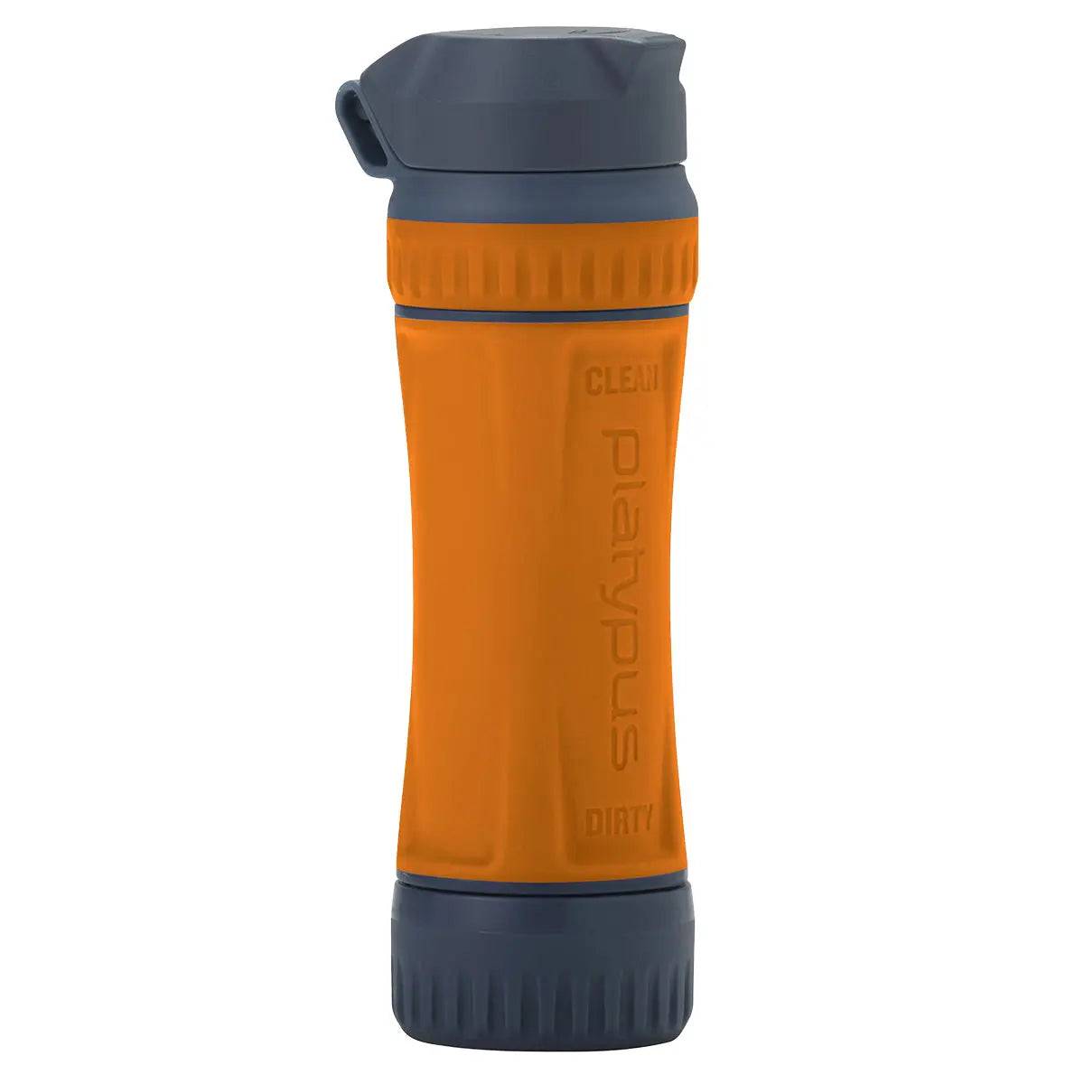 Platypus Quickdraw Water Filter in orange with a rugged build for outdoor use. Ensures safe and clean drinking water for hikers and travelers.