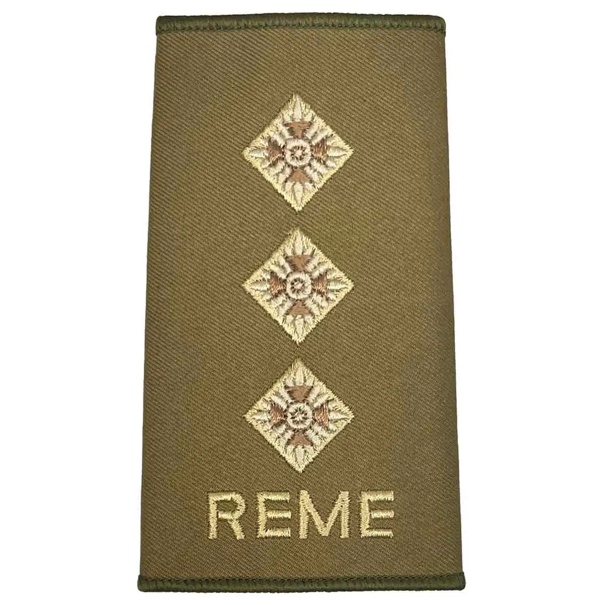 Triple pip REME Olive Green Rank Slide with detailed embroidery, representing captain rank in military dress. Captain from John Bull Clothing