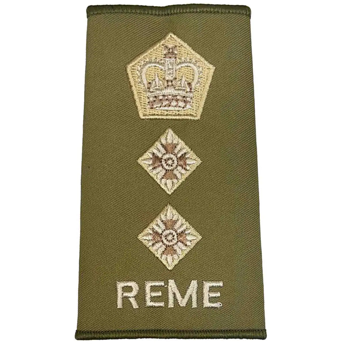 REME Olive Green Rank Slide with crown above two pips, embroidered in ivory and brown, for lieutenant colonel rank. Colonel from John Bull Clothing