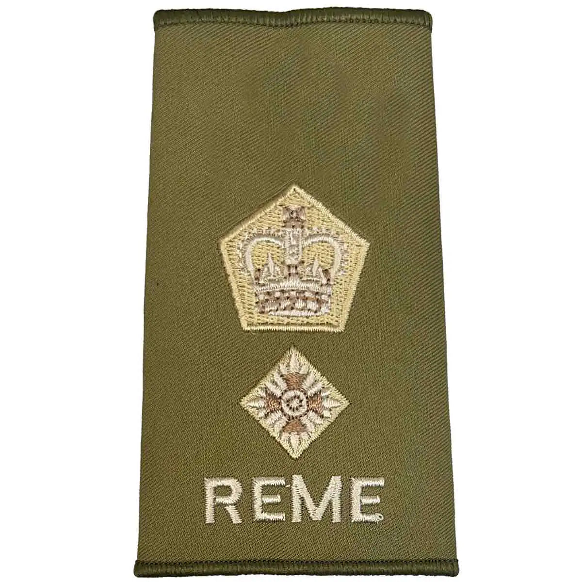 REME Olive Green Rank Slide with crown and pip embroidery, indicating major rank in military uniforms. LT Colonel from John Bull Clothing