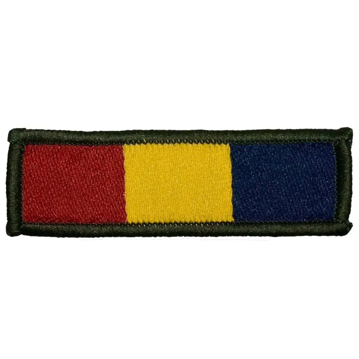 Single REME TRF patch with red, yellow, and blue stripes, iron or sew-on design for military uniforms at John Bull Clothing.