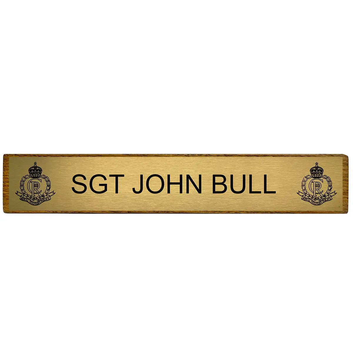 Front view of Regimental Desk Name Plate on Wooden Block (Toblerone) with engraved brass plate and military insignia on both sides.
