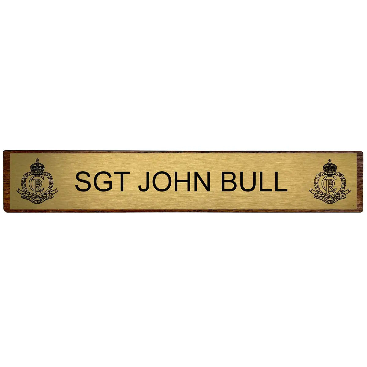 Regimental Desk Name Plate on Wooden Block (Toblerone) in dark oak finish with engraved brass plate showing rank and insignia.