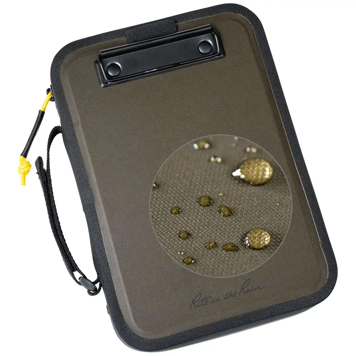 Rite in the Rain Monsoon Waterproof A5 Hand Desk Holder with durable fabric, black exterior, water-resistant surface, and yellow zipper pulls