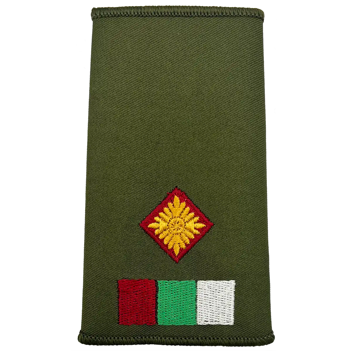 Royal Army Medical Services Olive Green Rank Slide with single pip insignia and tricolor patch, denoting officer rank in military gear.