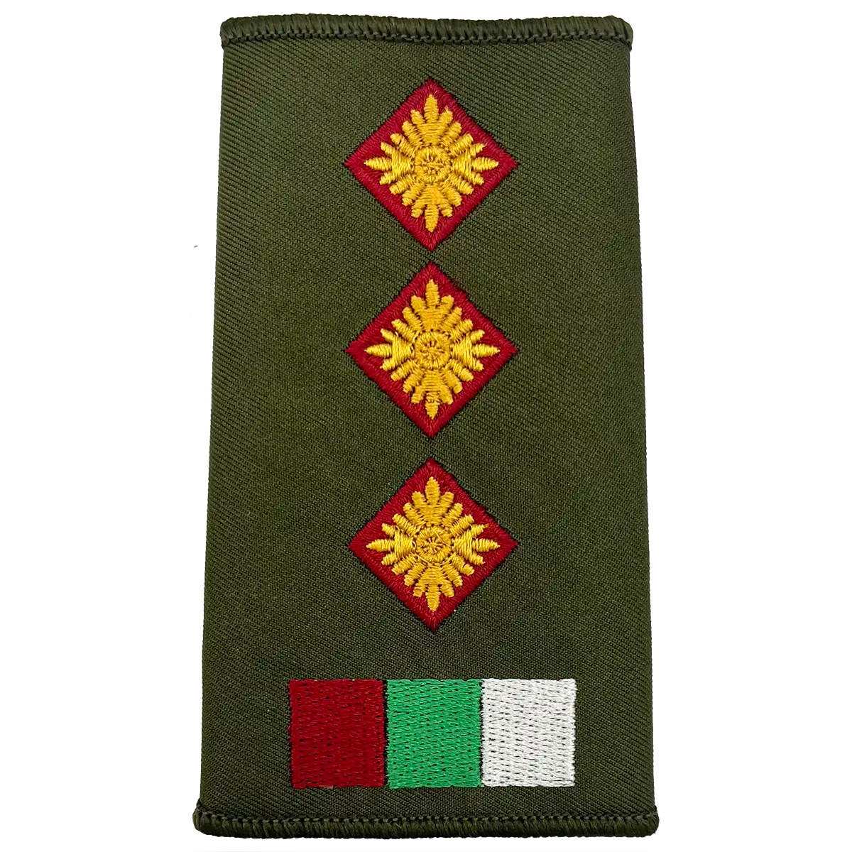 Royal Army Medical Services Olive Green Rank Slide with three pip insignias and tricolor patch, for senior officer ranks in military dress.