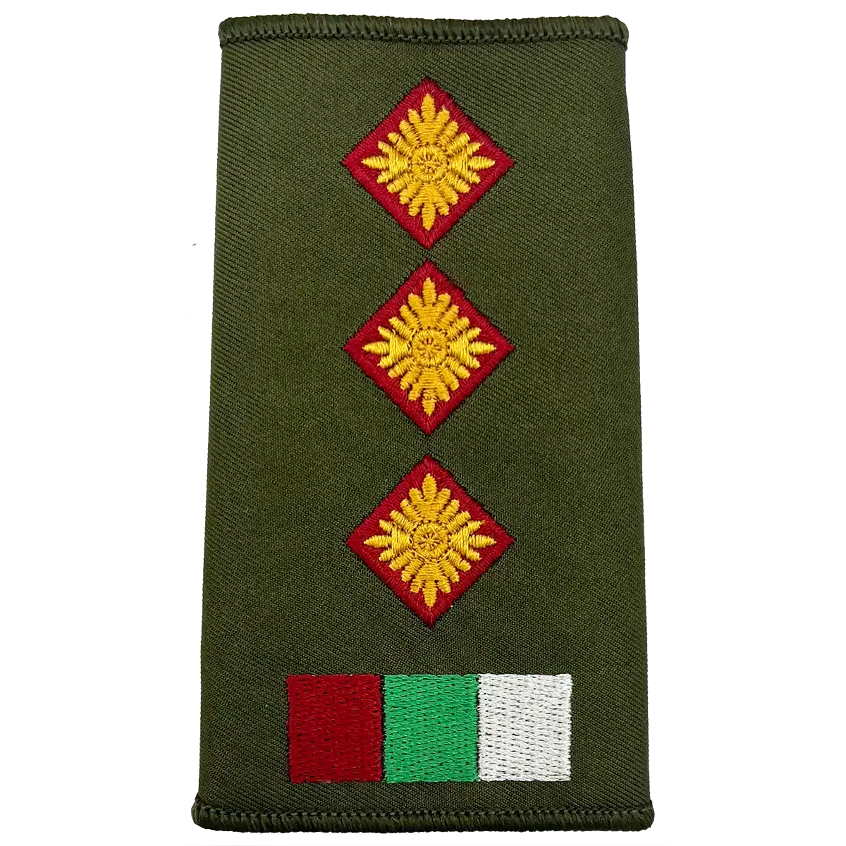 Royal Army Medical Services Olive Green Rank Slide with three pip insignias and tricolor patch, for senior officer ranks in military dress. Captain from John Bull Clothing