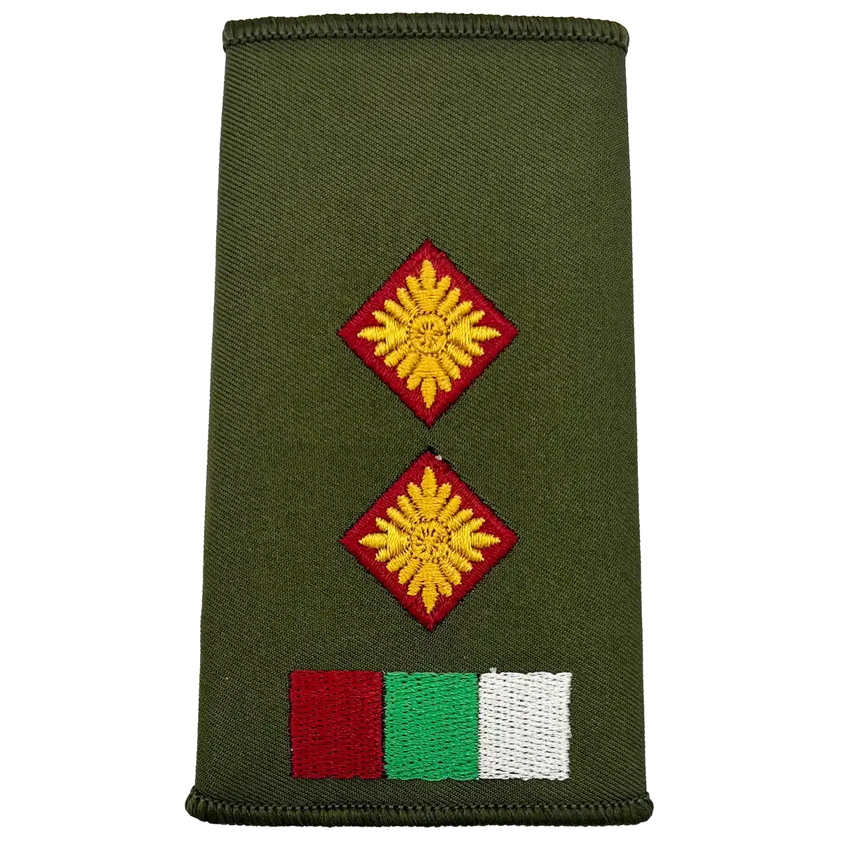 RAMS Olive Green Rank Slide with two pip insignias and tricolor patch, designed for British Army officer uniforms. LT from John Bull Clothing