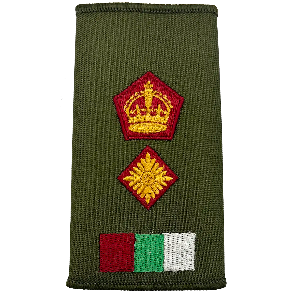RAMS Olive Green Rank Slide with crown and pip insignia above tricolor patch, representing high-ranking officer in British Army medical services.