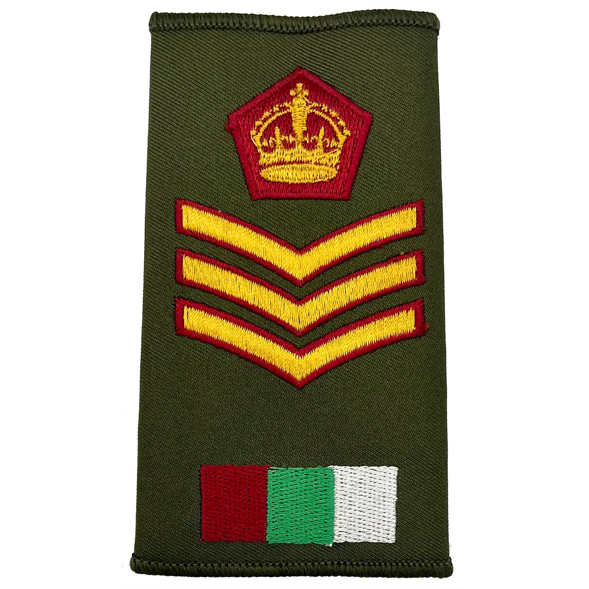 Royal Army Medical Services Olive Green Rank Slide with crown and triple chevrons, signifying senior rank in military apparel.
