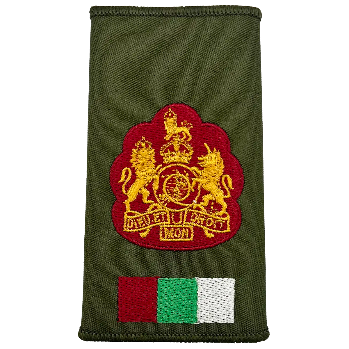 Royal Army Medical Services Olive Green Rank Slide with royal coat of arms and tricolor patch, for ceremonial or formal military wear.