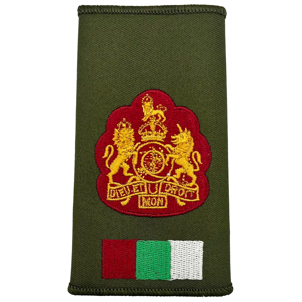 Royal Army Medical Services Olive Green Rank Slide with royal coat of arms and tricolor patch, for ceremonial or formal military wear.