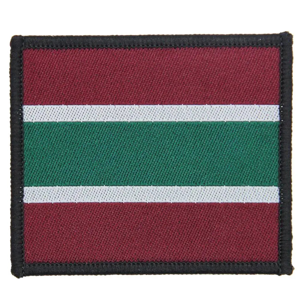 Single Royal Army Medical Services RAMS Hook & Loop TRF Badge featuring maroon, green, and white horizontal stripes in a square shape. Single Flash from John Bull Clothing