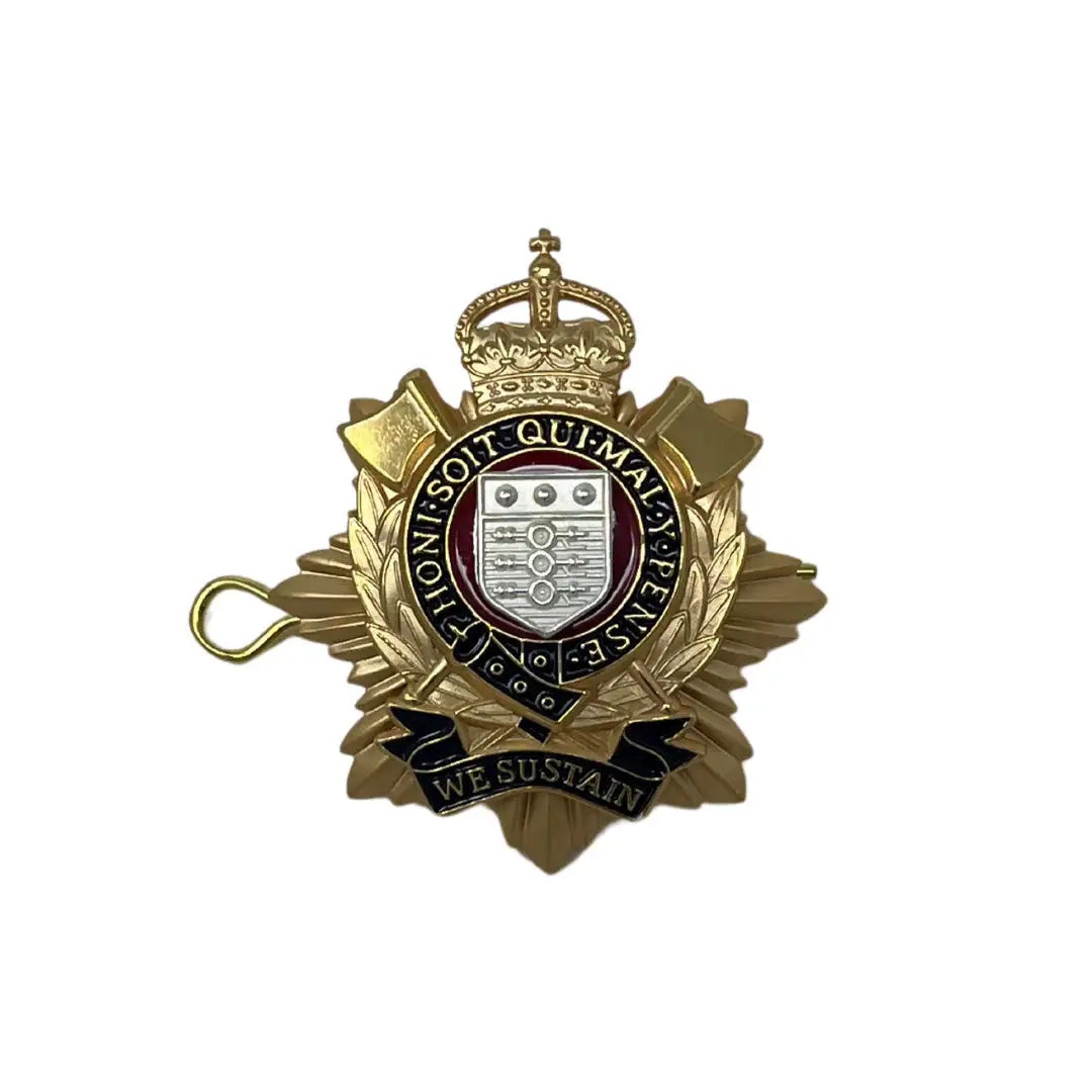 Royal Logistics Corps Officers Cap Badge with Kings Tudor Crown in gilt and silver finish, featuring enamel details and 'We Sustain' motto. from John Bull Clothing