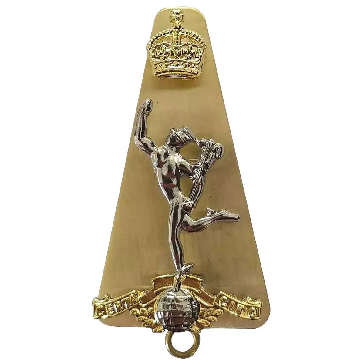 Royal Signals Cap Badge with Kings Tudor Crown featuring a brass base with a silver Mercury figure and a detailed Tudor Crown emblem.