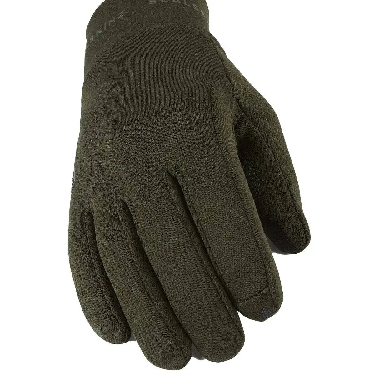 SealSkinz Acle Water Repellent Nano Fleece Glove in green, designed for outdoor activities with a water-resistant finish and flexible fit. Olive Green from John Bull Clothing