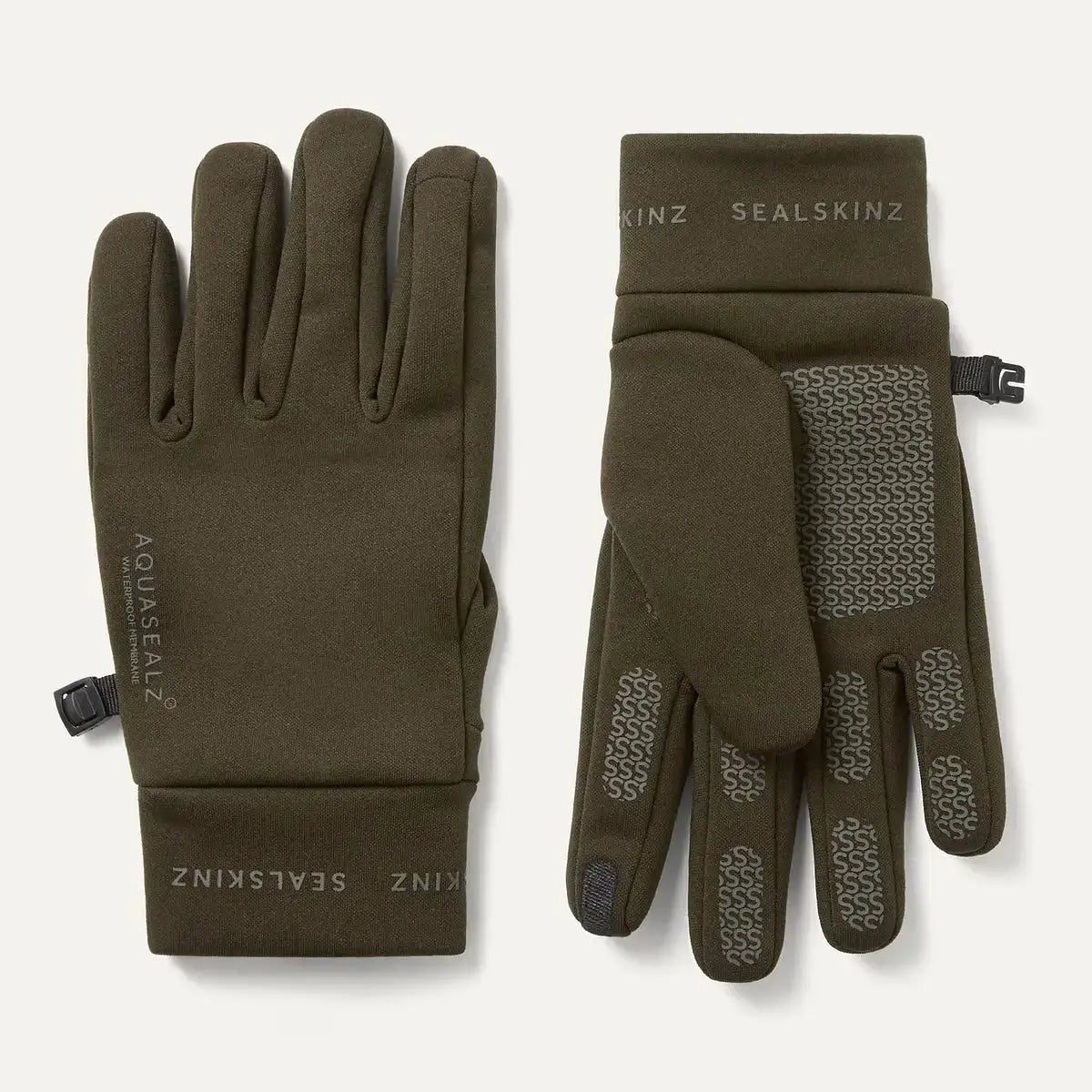 Dark green waterproof soft shell gloves with textured grip on palms and fingers, unisex design, lightweight and highly dexterous