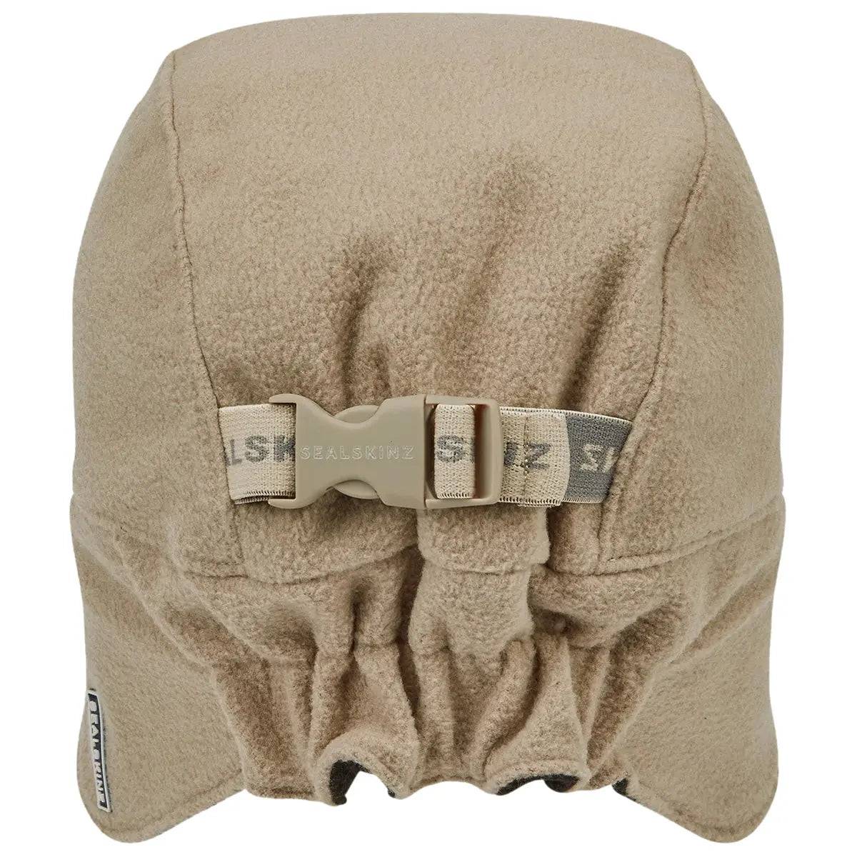 Back view of the SealSkinz Fincham Waterproof Extreme Cold Micro Fleece Hat in beige, showcasing an adjustable strap for a customizable fit.