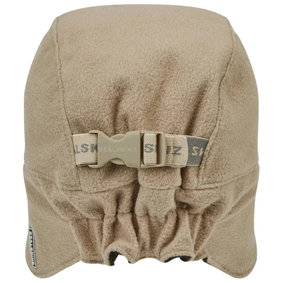 Back view of the SealSkinz Fincham Waterproof Extreme Cold Micro Fleece Hat in beige, showcasing an adjustable strap for a customizable fit. from John Bull Clothing