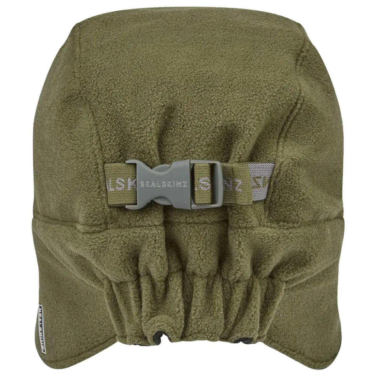 Back view of the SealSkinz Fincham Waterproof Extreme Cold Micro Fleece Hat in olive green, featuring an adjustable strap for a secure fit.
