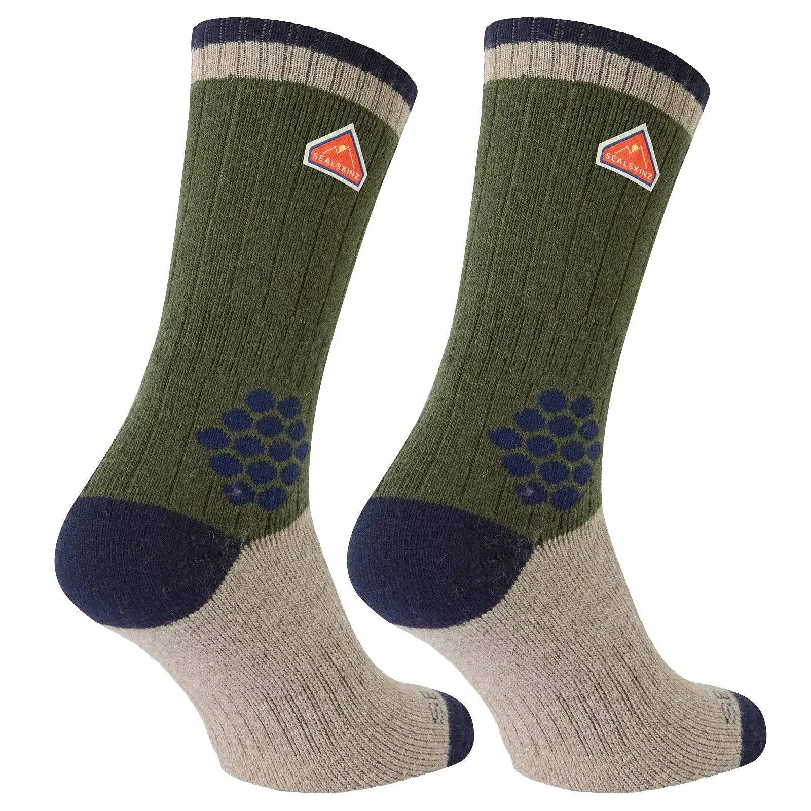 Pair of SealSkinz Gresham Recycled Wool Mid Cashmere Socks in green with navy and beige accents. Designed for warmth, durability, and sustainability.