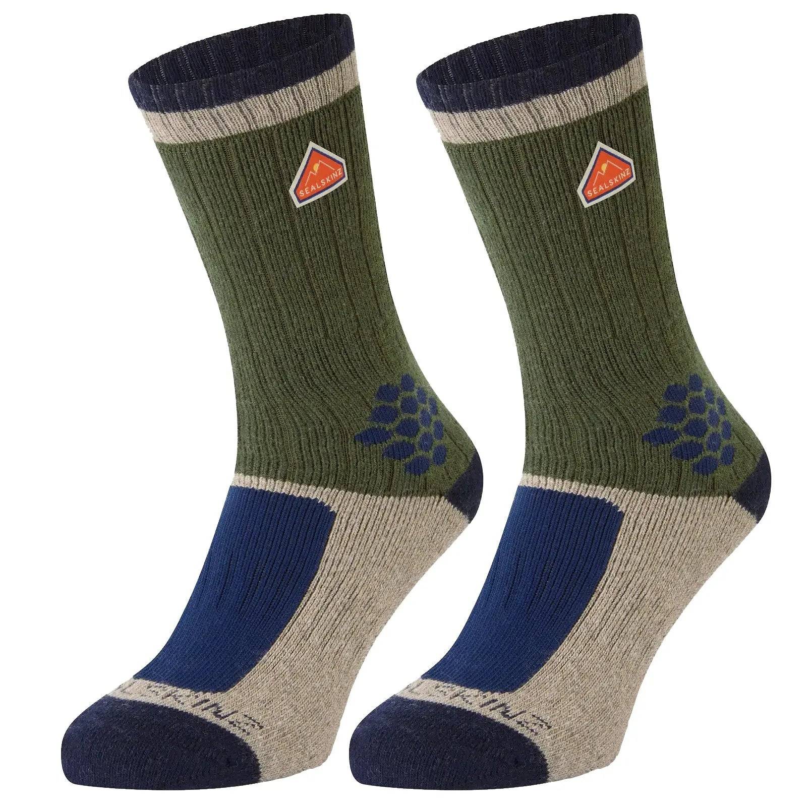 SealSkinz Gresham Recycled Wool Mid Cashmere Sock in green, navy, and beige with reinforced heel and toe. Durable, eco-friendly, and comfortable.