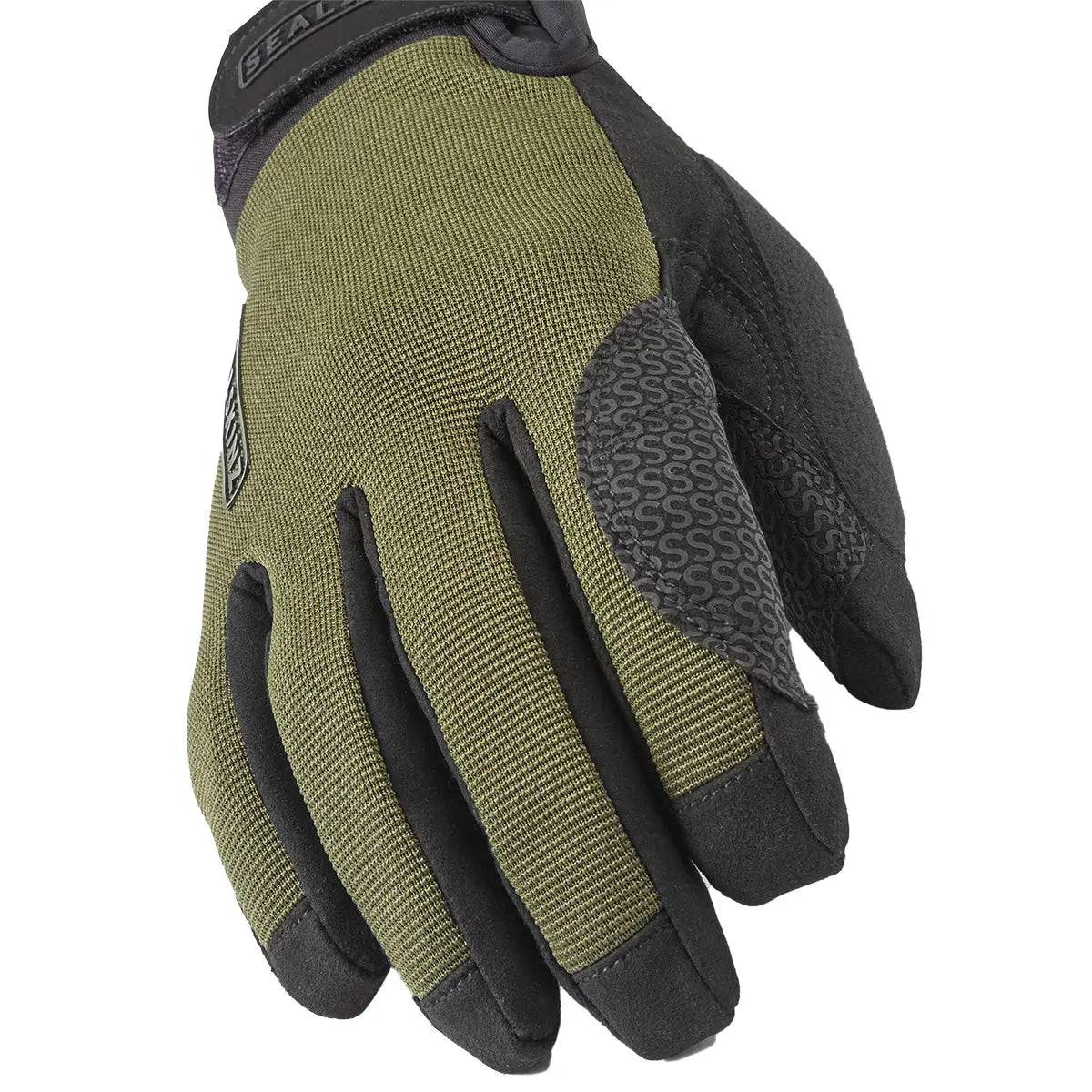 Close-up of SealSkinz Harling Waterproof All Weather Glove in green, showcasing reinforced grip and durable fabric for outdoor use.