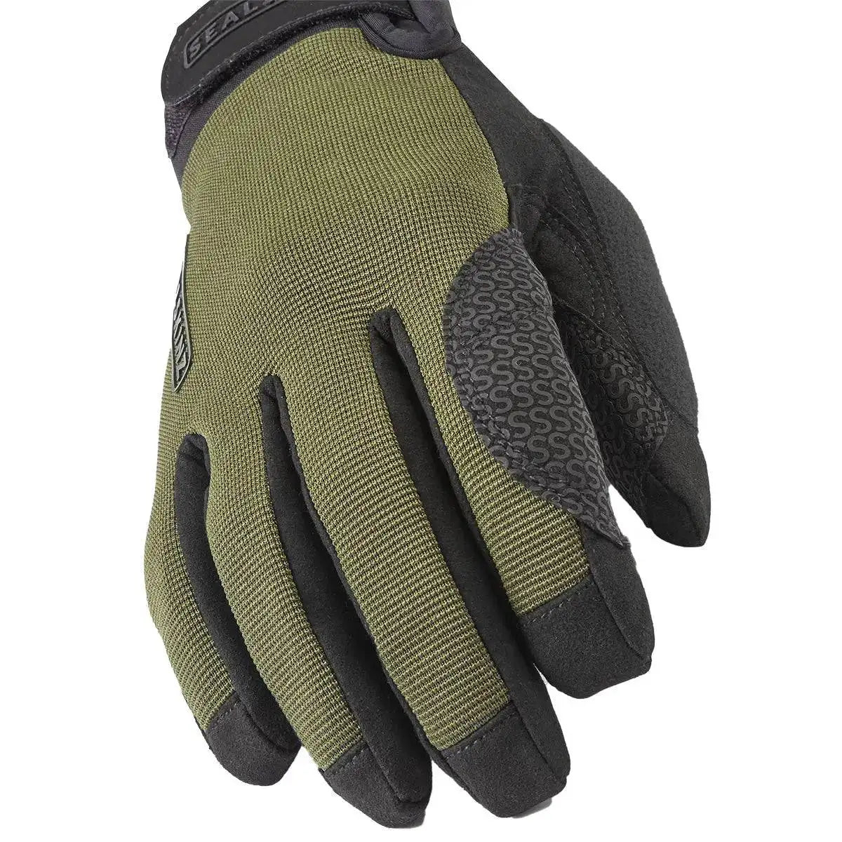 Close-up of SealSkinz Harling Waterproof All Weather Glove in green, showcasing reinforced grip and durable fabric for outdoor use. Olive Green from John Bull Clothing
