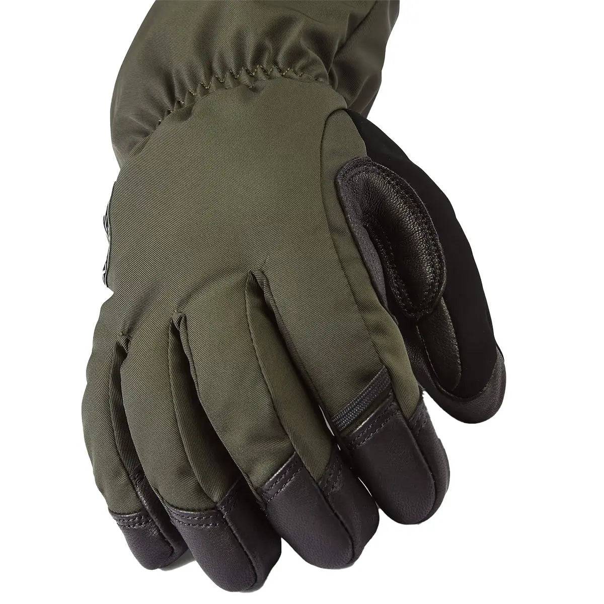 Detailed view of the SealSkinz Southery Waterproof Extreme Cold Weather Gauntlet in green, highlighting durable stitching and grip-enhancing fingertips.