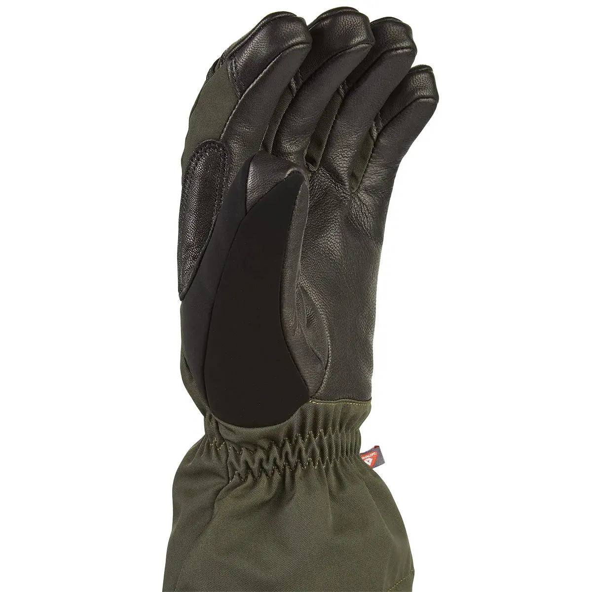 Close-up of the SealSkinz Southery Waterproof Extreme Cold Weather Gauntlet in green, showcasing reinforced leather palm and ergonomic design.
