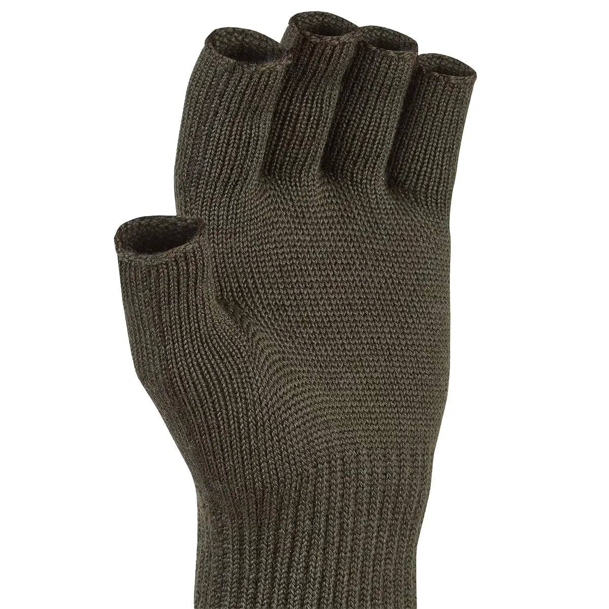 Detailed view of SealSkinz Thornham Merino Fingerless Gloves highlighting durable construction and snug fit for enhanced dexterity in outdoor conditions.