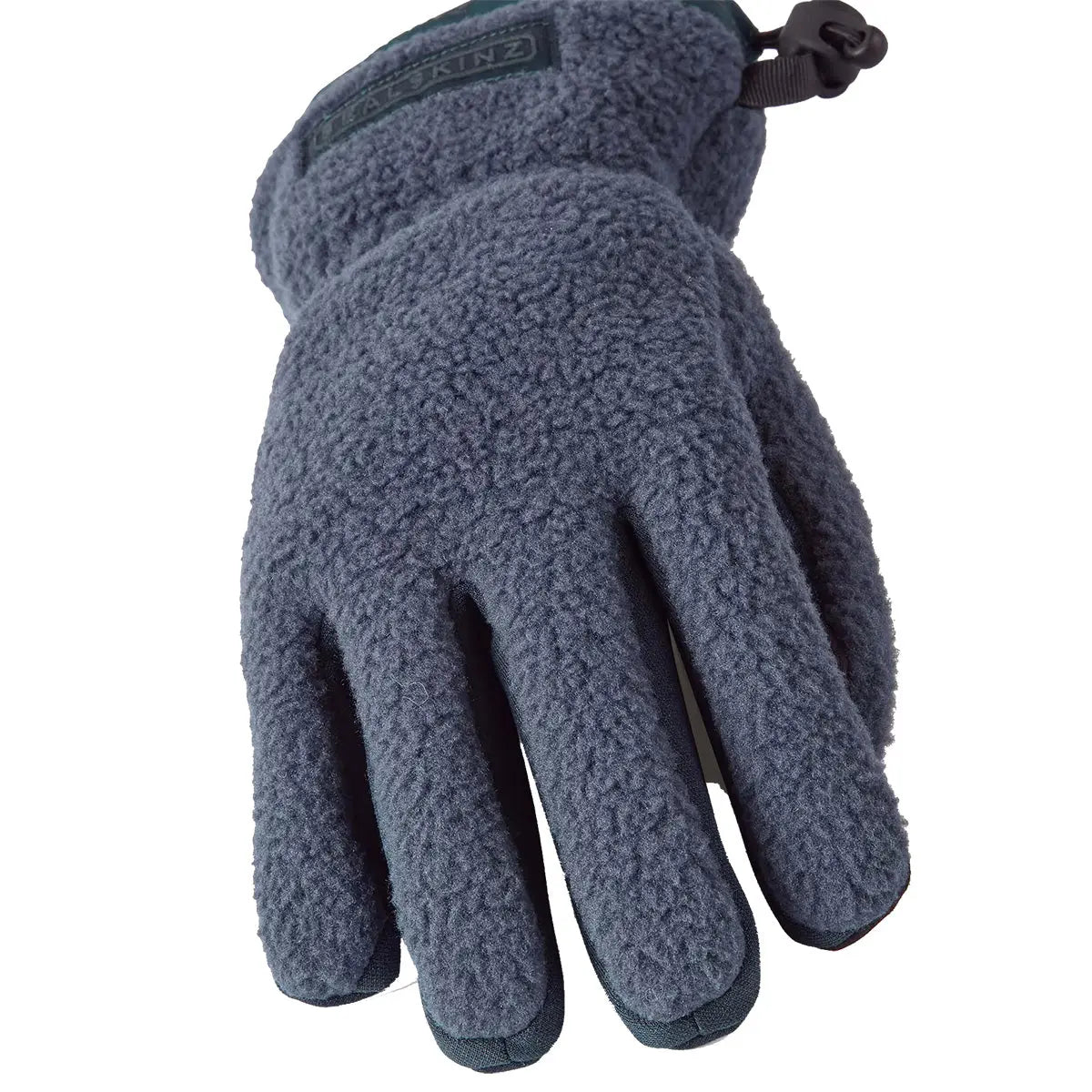 Angled view of blue Sealskinz Hoveton Waterproof Sherpa Fleece Glove showcasing thick fleece and contoured finger shape.