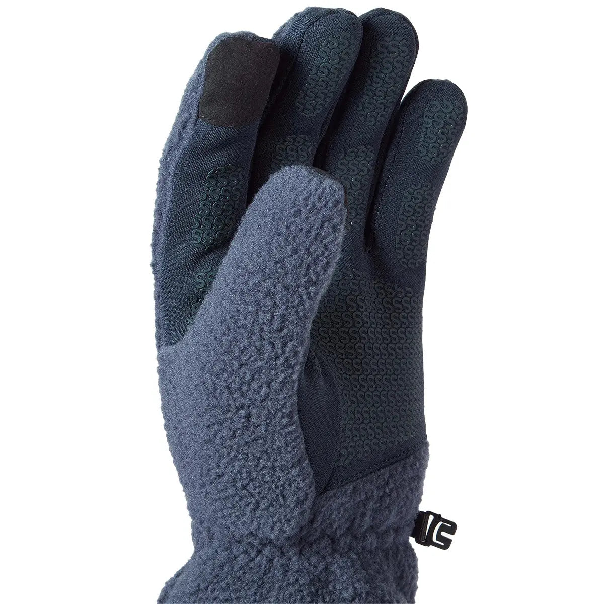 Close-up of blue Sealskinz Hoveton Waterproof Sherpa Fleece Glove palm with silicone grip and touchscreen thumb panel.