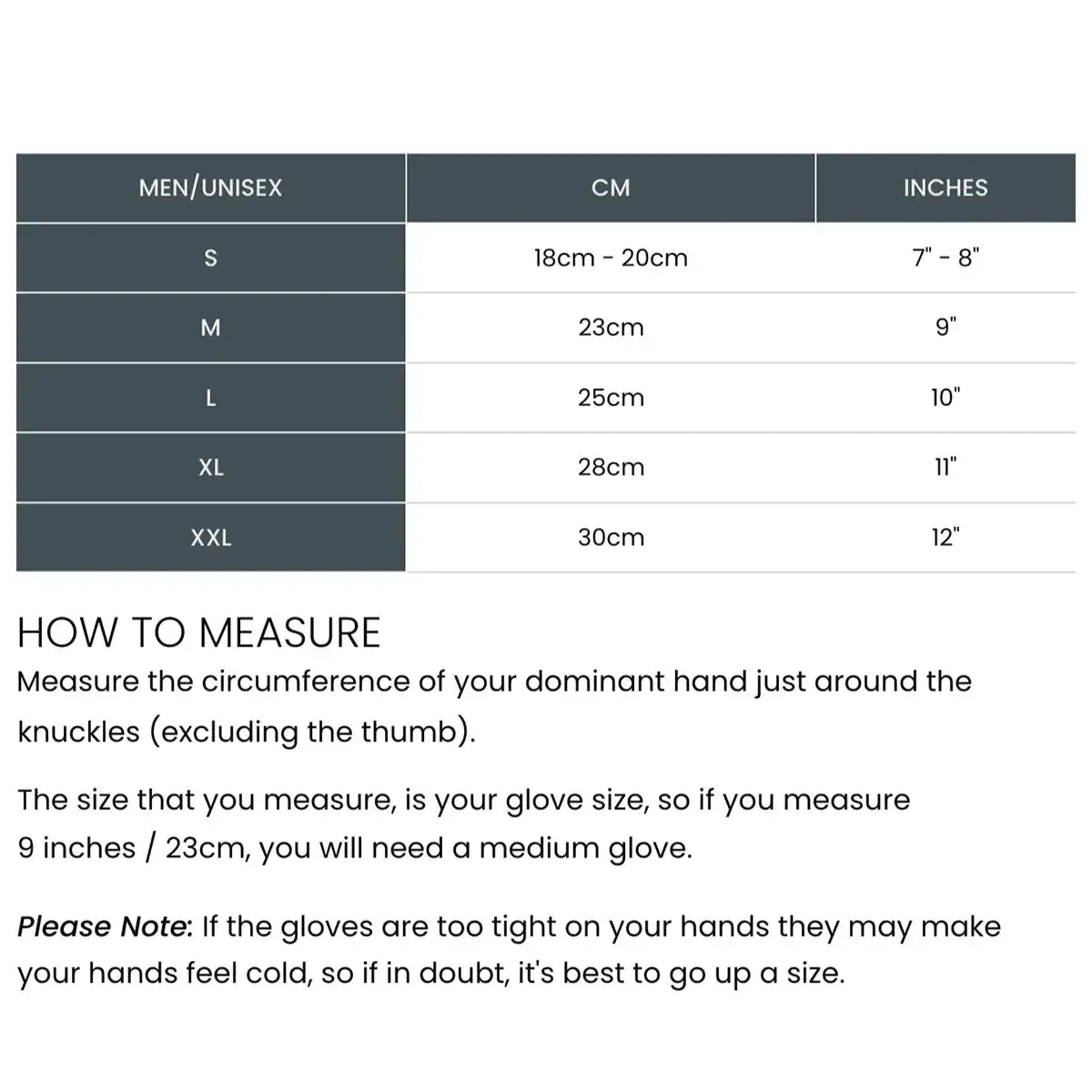 Size chart for Sealskinz Hoveton Waterproof Sherpa Fleece Glove with measurements in cm and inches for unisex sizing. from John Bull Clothing