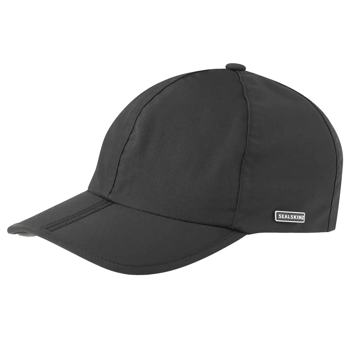 Black Sealskinz Salle Waterproof Foldable Peak Cap with minimalist styling and waterproof fabric, suitable for unisex outdoor use. Black from John Bull Clothing