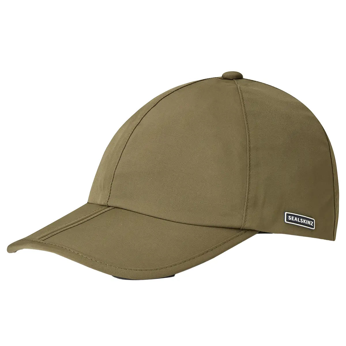 Olive green Sealskinz Salle Waterproof Foldable Peak Cap featuring a sleek design and side logo patch, perfect for rain or shine.