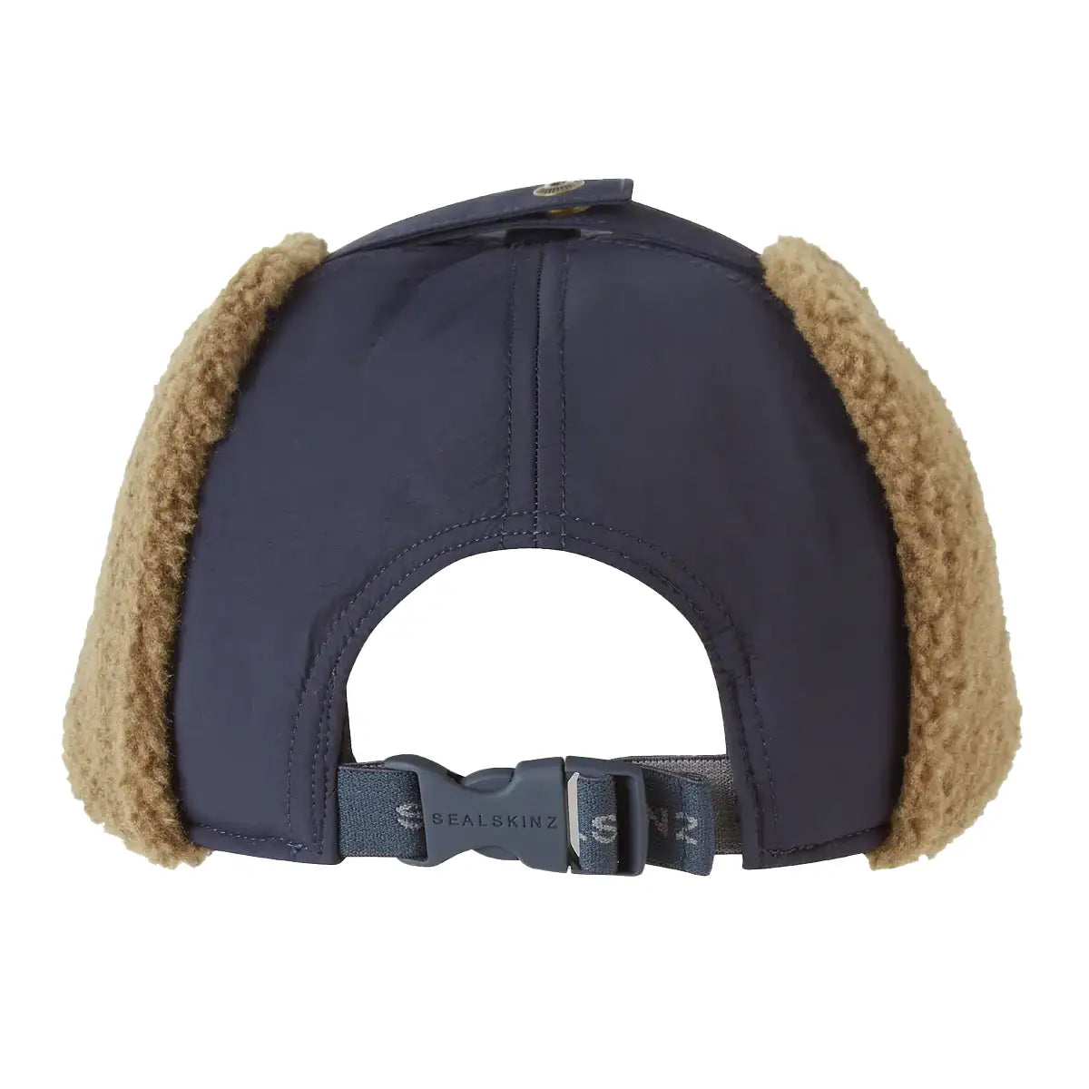 Rear view of navy Sealskinz Upton WP Extreme Cold Weather Puffer Hat featuring adjustable buckle and cozy fleece ear flaps for winter wear.