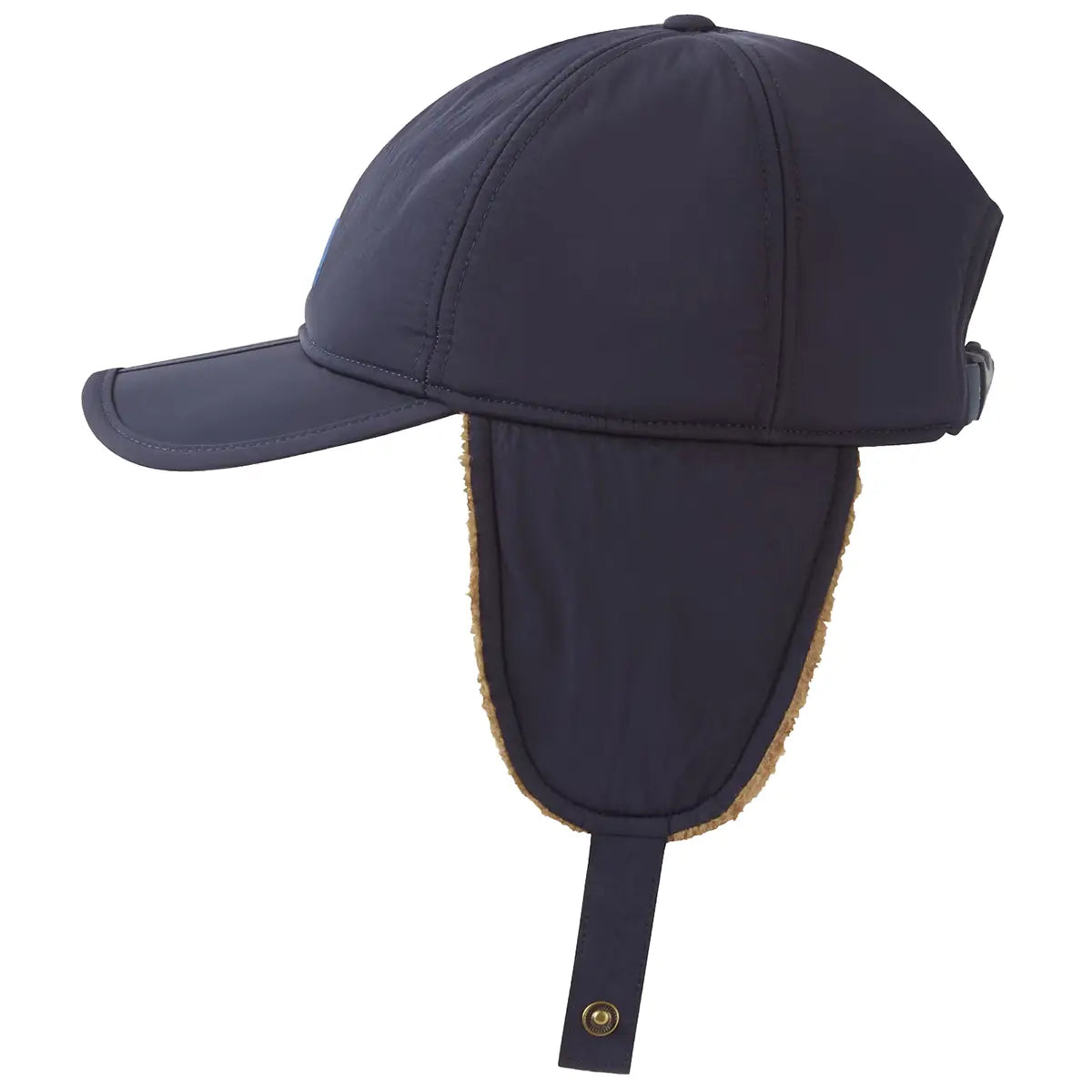 Side profile of navy Sealskinz Upton WP Extreme Cold Weather Puffer Hat with long ear flaps and chin strap for extreme cold protection.