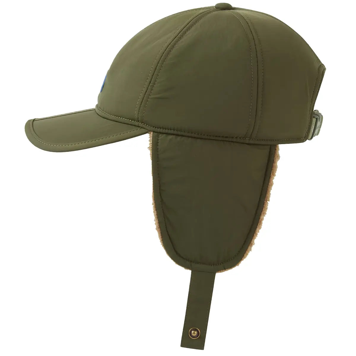 Side view of olive Sealskinz Upton WP Extreme Cold Weather Puffer Hat showing extended ear flaps and chin strap for secure fit in winter.