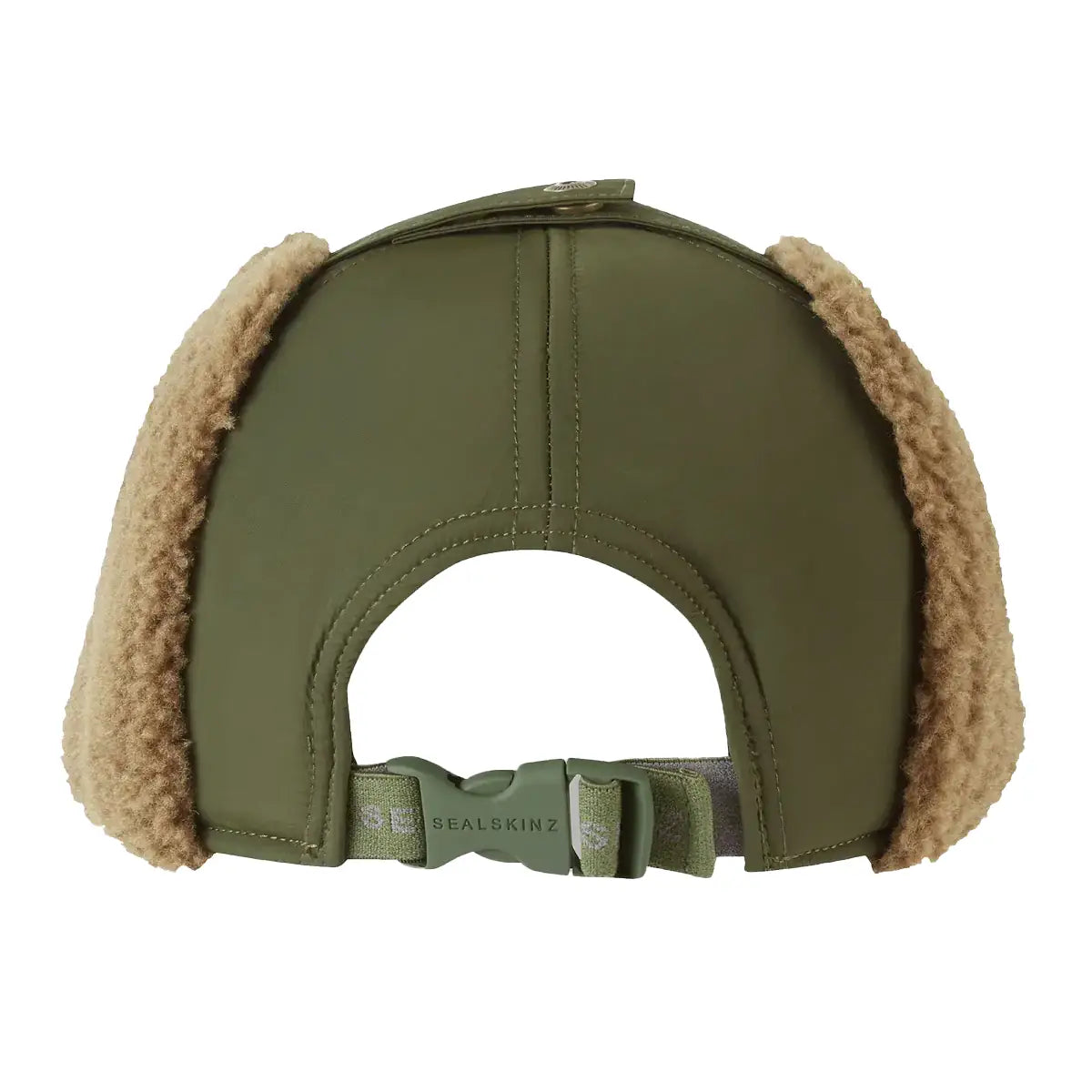 Back view of olive Sealskinz Upton WP Extreme Cold Weather Puffer Hat with adjustable strap and fleece-lined ear flaps for warmth.